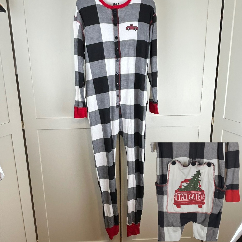 Lazy One Union Suit Pajamas Medium Black White Buffalo Plaid Flap Back Cotton